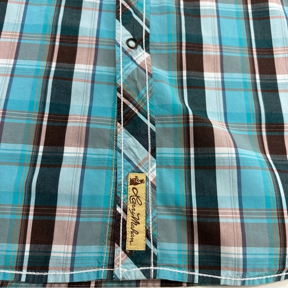 Larry Mahan Western Shirt XXL Blue Pearl Snap Plaid Short Sleeve Cowboy - Picture 5 of 8